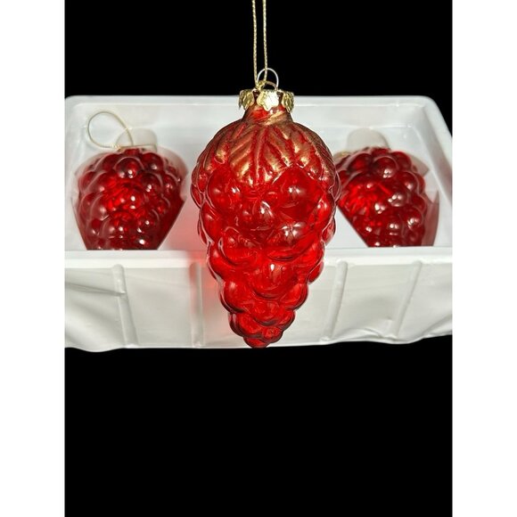 Blown Glass Red Grapes Embossed Large 3 Piece Christmas Ornament Vtg Dillards - Picture 1 of 8